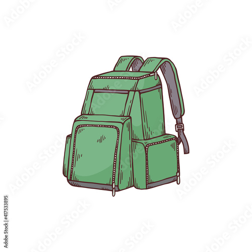 School or tourist backpack or rucksack cartoon vector illustration isolated.
