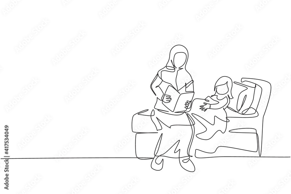 One single line drawing of young Islamic mom read bedtime story book to her daughter before sleep vector illustration. Happy Arabian muslim family parenting concept. Modern continuous line draw design One single line drawing of young Islamic mom read bedtime story book to her daughter before sleep vector illustration. Happy Arabian muslim family parenting concept. Modern continuous line draw design
