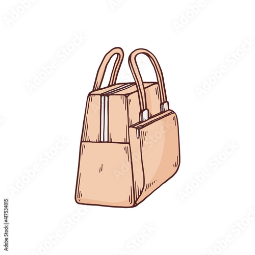 Leather brown suitcase bag with handles a vector sketch isolated illustration