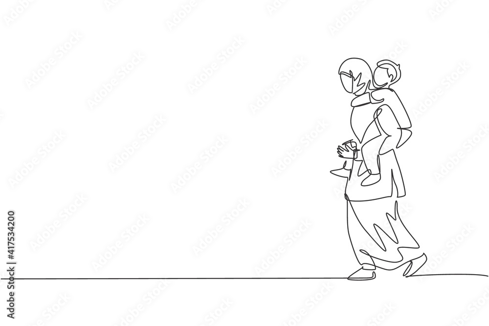 One single line drawing of young Arabian mother talking to her son while carry on piggyback vector illustration. Happy Islamic muslim family parenting concept. Modern continuous line draw design One single line drawing of young Arabian mother talking to her son while carry on piggyback vector illustration. Happy Islamic muslim family parenting concept. Modern continuous line draw design