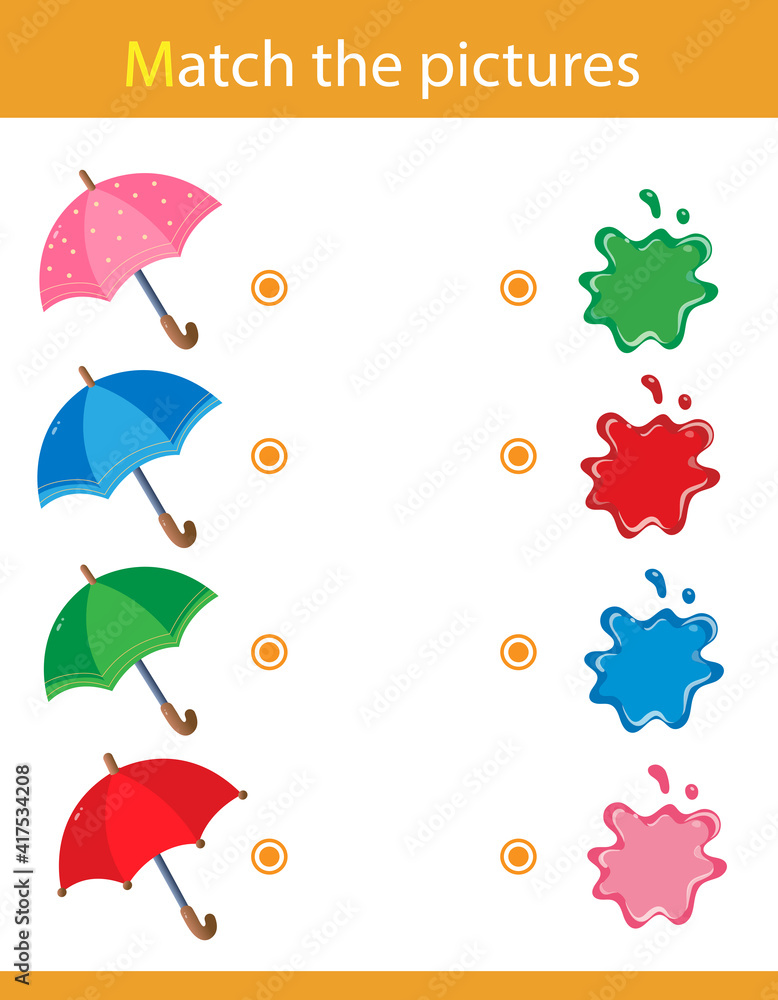 Vecteur Stock Match by color. Puzzle for kids. Matching game, education  game for children. Umbrellas. What color are the objects? Worksheet for  preschoolers. | Adobe Stock