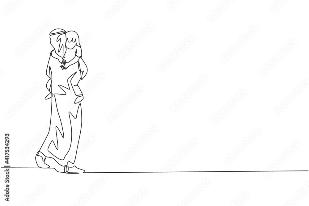 One single line drawing of young Islamic dad carrying and hugging his sleepy daughter to bedroom vector illustration. Happy Arabian muslim family parenting concept. Modern continuous line draw design