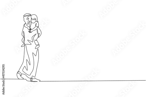 One single line drawing of young Islamic dad carrying and hugging his sleepy daughter to bedroom vector illustration. Happy Arabian muslim family parenting concept. Modern continuous line draw design