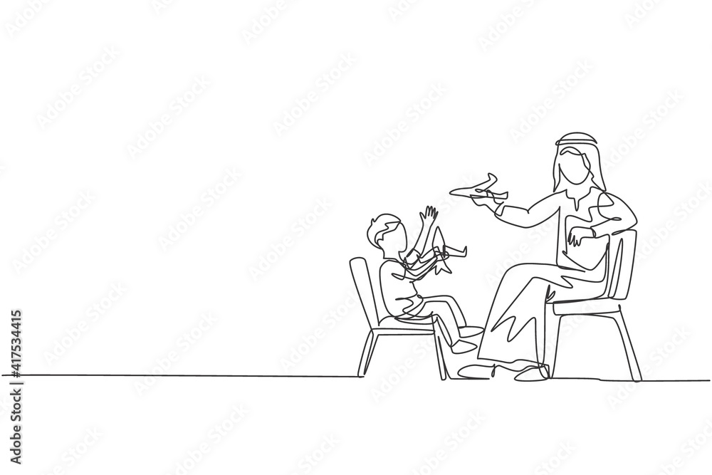 One continuous line drawing of young Arabian father playing aeroplane toy figure with son at home. Happy Islamic muslim parenting family concept. Dynamic single line draw design vector illustration