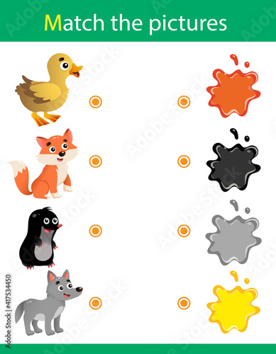 Match by color. Puzzle for kids. Matching game, education game for children. What color are the animals? Fox, wolf, mole, duckling. Worksheet for preschoolers.