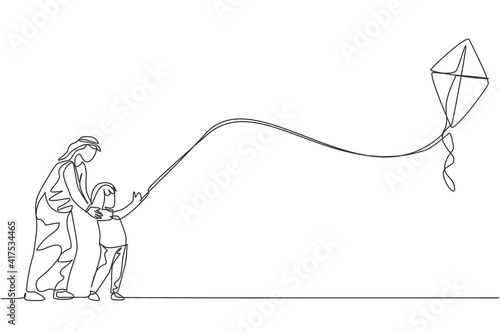 One continuous line drawing of young Arabian dan nad daughter flying kite together at outdoor field. Happy Islamic muslim parenting family concept. Dynamic single line draw design vector illustration