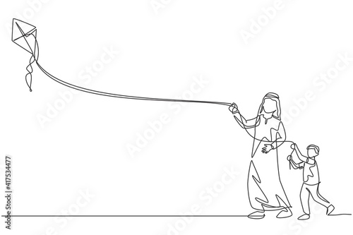 One continuous line drawing of young Arabian father and his son playing kite together at public park. Happy Islamic muslim parenting family concept. Dynamic single line draw design vector illustration
