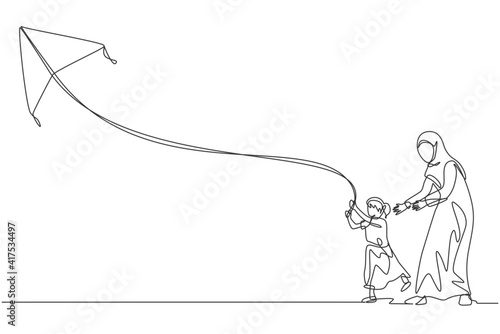 One single line drawing of young Arabian mom and daughter playing and flying kite at public park vector illustration. Happy Islamic muslim family parenting concept. Modern continuous line draw design