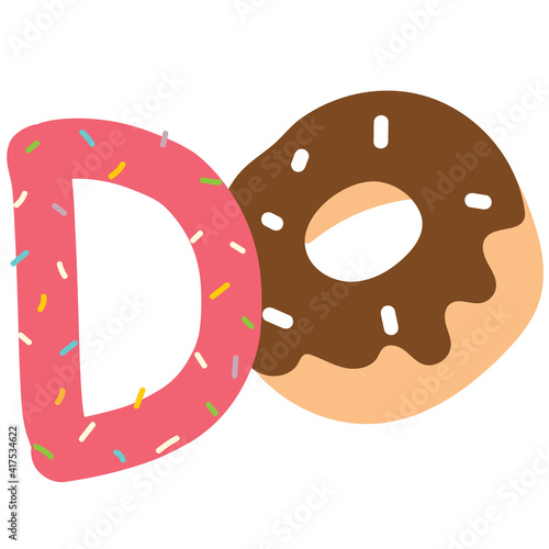 Capital letter D of English alphabet with cute cartoon Doughnut Funny font for kindergarten and preschool education. Hand-drawn vector illustration on white background