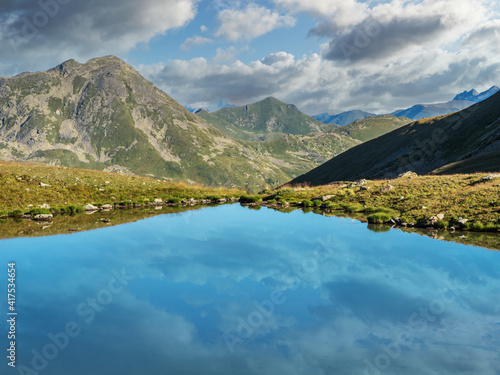 Mountain lake view with reflection of clouds