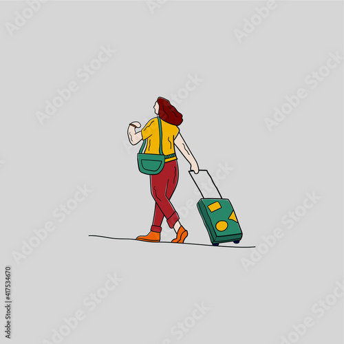 illustration women take a vacation and hold a suitcase on style