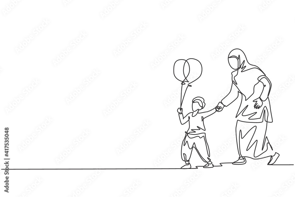 One continuous line drawing of young Islamic mother and son playing together at public outdoor park. Happy Arabian muslim parenting family concept. Dynamic single line draw design vector illustration