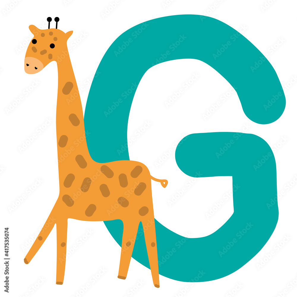 Capital letter G of English alphabet with cute cartoon Giraffe. Funny font for kindergarten and preschool education. Hand-drawn vector illustration on white background Capital letter G of English alphabet with cute cartoon Giraffe. Funny font for kindergarten and preschool education. Hand-drawn vector illustration on white background