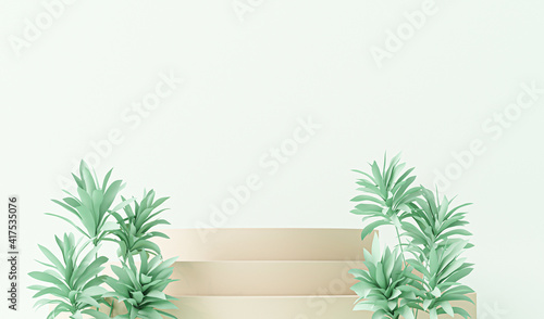 3D podium display with tree on pastel blue background. Green nature leaf. Round nude pedestal stand for beauty  cosmetic  product promotion  web page  presentation or picture frame