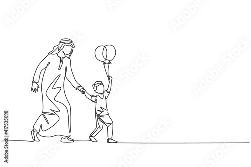 One single line drawing of young Islamic father accompany his son who hold balloon to play at amusement park vector illustration. Arabian muslim family parenting concept. Continuous line draw design