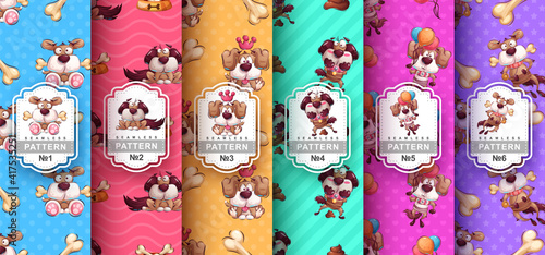 Set cartoom character animal dog seamless pattern