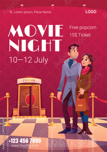 Movie night poster. Cinema festival, night event in movie theater. Vector flyer with cartoon illustration of people in cinema hall with open doors and red rope fence
