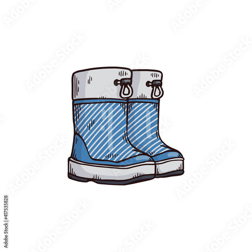 Blue Wellington leather boots drawing isolated on white background.