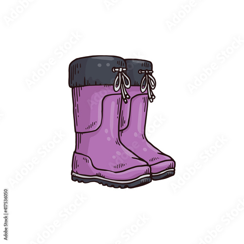 Purple rubber boots with tied top laces. Wellington style pair of shoes