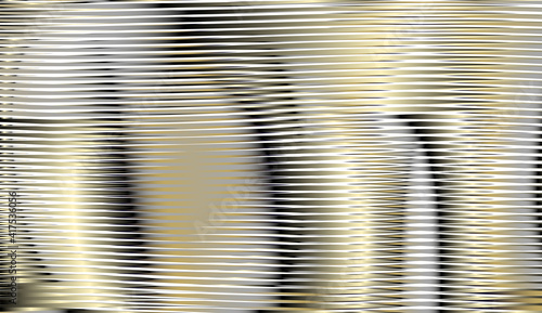 Abstract futuristic background with striped texture and gold glow moire effect. Monochrome background saver for interior decor, wall panels, mobile apps, business card, image of blog. 