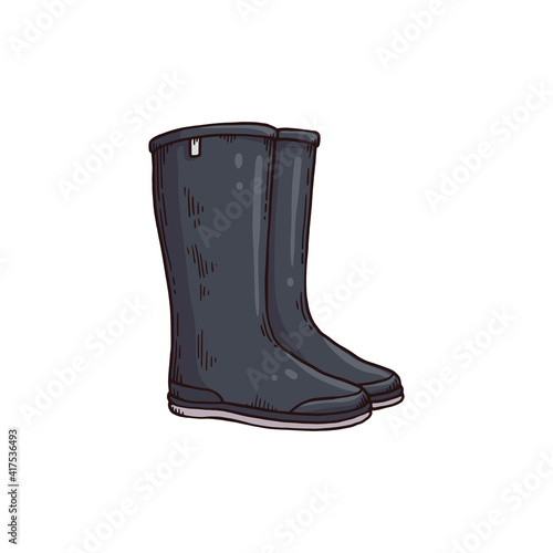 Black gumboots or wellies cartoon icon, engraving vector illustration isolated.