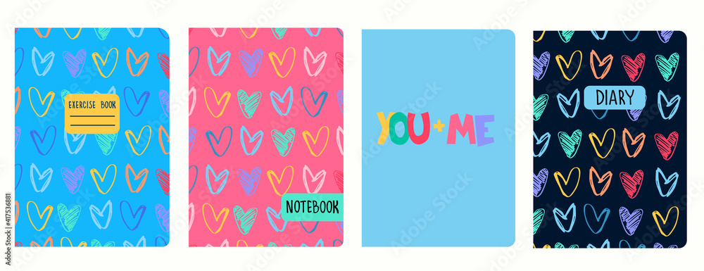 Cover page templates with hand drawn heart shapes, felt-tip pen effect ...