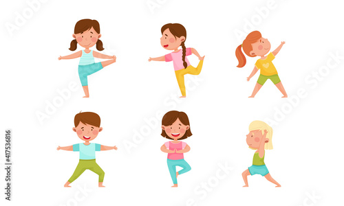 Little Boy and Girl Standing in Yoga Pose Breathing Deeply Vector Illustration Set