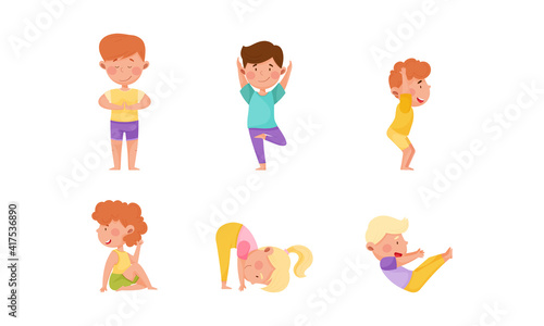 Little Boy and Girl Standing in Yoga Pose Breathing Deeply Vector Illustration Set
