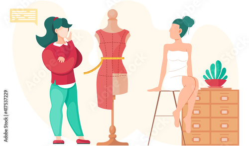 Woman planning model of future garment. Professional tailoring studio. Sewing clothes. Tailor measures waist. Girl sitting on stool and looking at mannequin with unfinished dress vector illustration