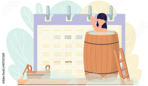 Time tracking and time management concept. Sexy girl in wooden barrel is resting and taking steam bath near schedule. Woman bathes in boiling water. Person is cleaning skin putting hand behind head