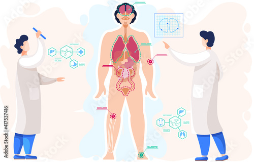 Examining body of patient. Detailed information on organs functioning. Anatomical structure of human body. Scientists in lab coats study structure of organs. People doing research vector illustration