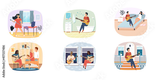 Set of illustrations about musicians practice their guitar skills at home. Performers play chords. Guitarists play guitar and compose songs at home. Rest and pastime with music. People create melody