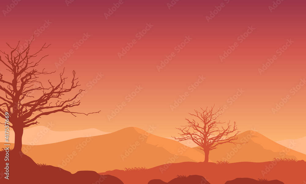 A warm afternoon with views of the silhouette of the mountains at sundown. Vector illustration