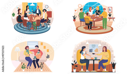 Set of illustrations about family playing board game at home. Parents and children spending evening time together. Girls drink coffee in establishment. Parents treating sick child in apartments