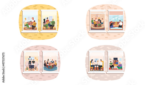Family playing board game jenga, chess in apartment set of scenes view through window. Happy people spending time together, having fun, enjoying games. Indoor entertainment for adults and children