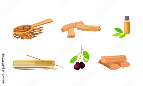 Sandalwood Timber and Wood Material with Fragrant Chip and Sticks Vector Set