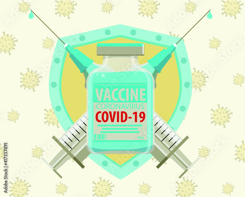 Vectorial illustration of syringes and vial with vaccine against coronavirus forming a coat of arms