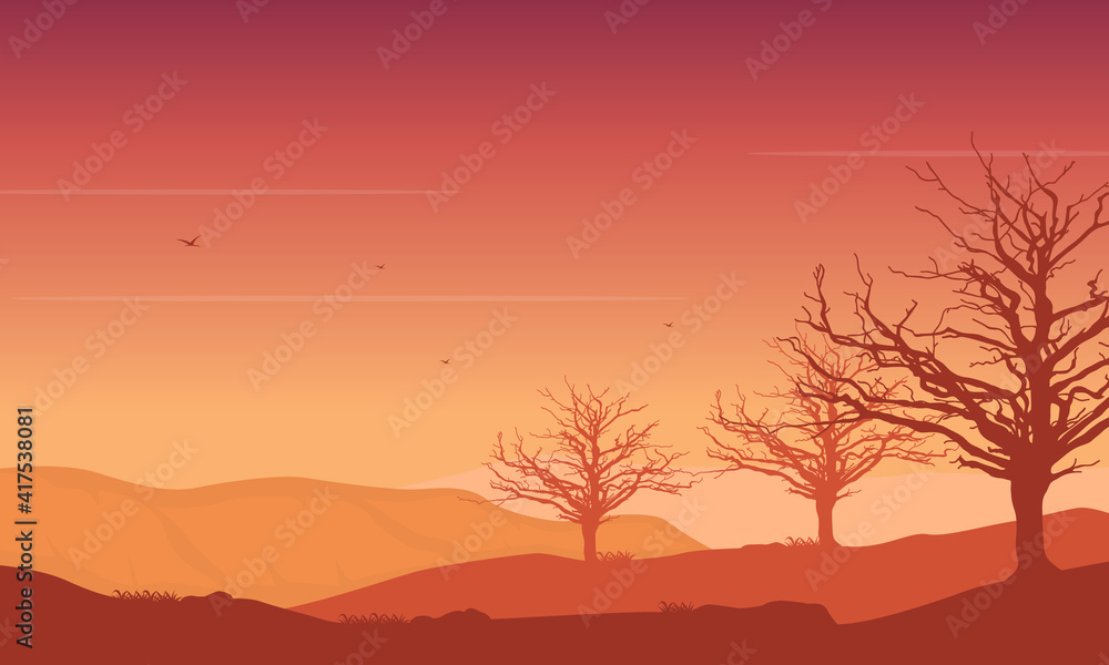 Amazing orange sky color at dusk with beautiful natural scenery in the evening. Vector illustration