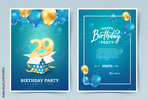 29 th years birthday vector invitation double card. Twenty nine years anniversary celebration brochure. Template of invitational for print on blue background photo