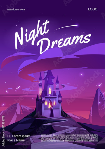 Night dreams cartoon poster with magic castle with glow windows on mountain top at nighttime. Fairytale palace under dark pink or purple sky with stars. Fantasy medieval fotress, flyer, vector banner