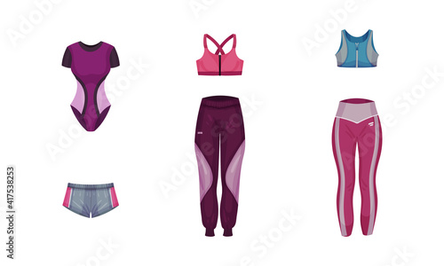 Gym Clothing or Athletic Apparel with Sportive Trousers, Sports Bra and Shorts Vector Set