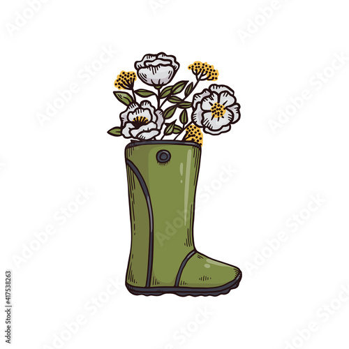 Fashion rubber boot with spring flowers a vector hand drawn illustration
