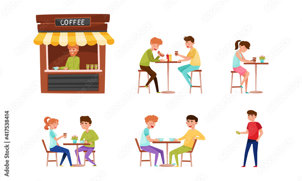 People Characters Sitting at Cafe Table Drinking Coffee and Eating Street Food Vector Illustration Set