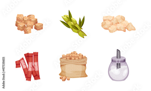 White Sugar and Pile of Brown Sugar in Cubes with Sugarcane Plant Vector Set