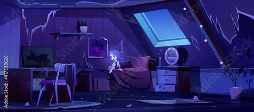 Girl ghost in old bedroom on attic at night. Vector cartoon interior of mansard room with broken furniture, mess and trash. Spooky illustration of dead child spirit in abandoned house