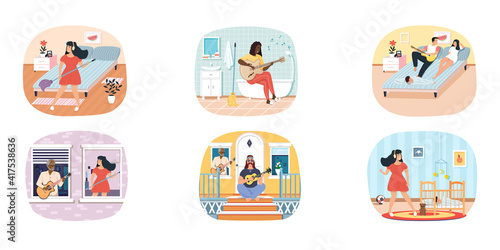 Set of illustrations performers practice chords. People play guitar and compose songs at home. Rest and pastime with music. Guitarists with stringed instrument create melody. Characters perform