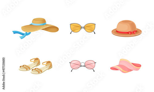 Summer Clothing with Wide Brimmed Hat, Sunglasses and Pair of Sandal Vector Set