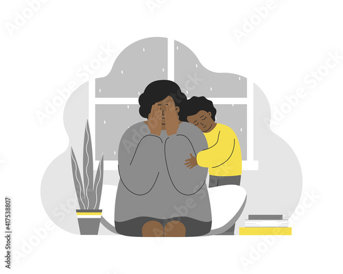 Vector illustration with tired crying woman. African American girl hugs mom. Postpartum depression, emotional burnout, stress. Daughter feels for mother. Problem of maternity to save mental health.