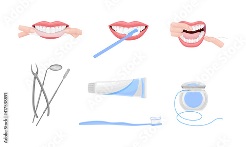 Oral Hygiene with Toothbrush and Toothpaste for Teeth Brushing Procedure Vector Set