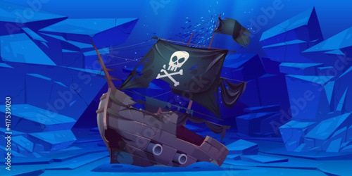 Sunken pirate ship with black sails and flag with skull and crossbones on sea bottom. Vector cartoon underwater landscape with broken wooden boat after wreck, stones and fish